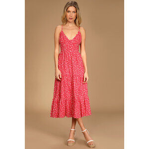 Lulus Bliss Abound Red Floral Print Tiered Midi Dress - Size M